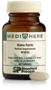 MediHerb Kava Forte herbal supplement bottle with 40 tablets, designed to ease stress, nervous tension, and promote relaxation naturally.