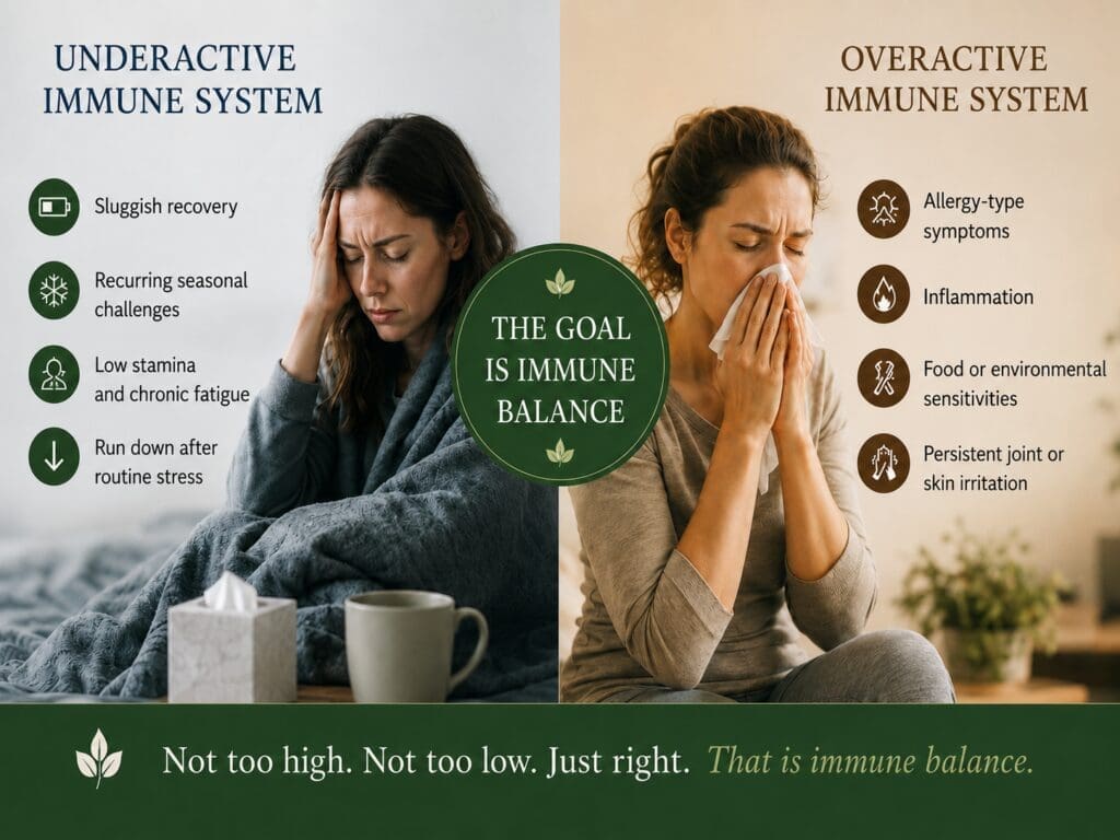 Underactive and overactive immune system patterns showing the goal of immune balance