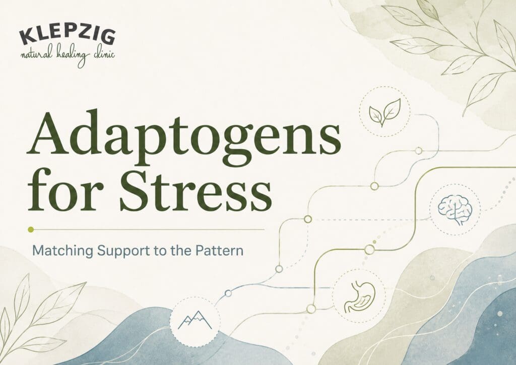 Adaptogens for stress support with botanical line art and calming Klepzig Natural Healing Clinic branding