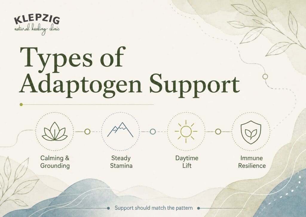 Types of adaptogen support including calming, stamina, daytime energy, and immune resilience categories