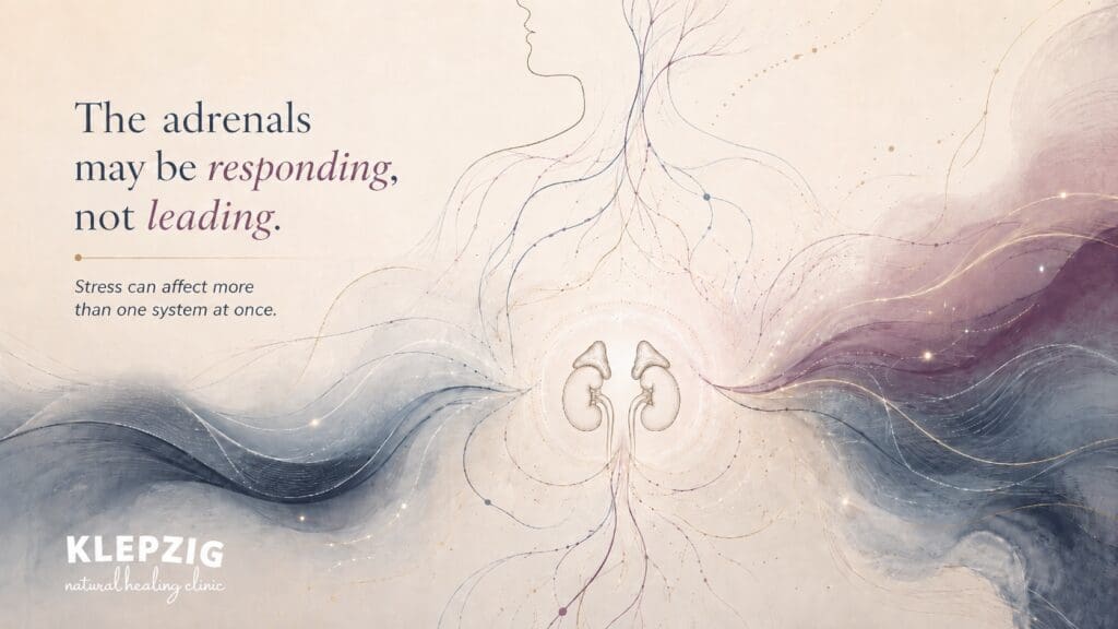 Abstract illustration of the adrenal glands surrounded by flowing blue, plum, and gold lines, with the message, “The adrenals may be responding, not leading.”