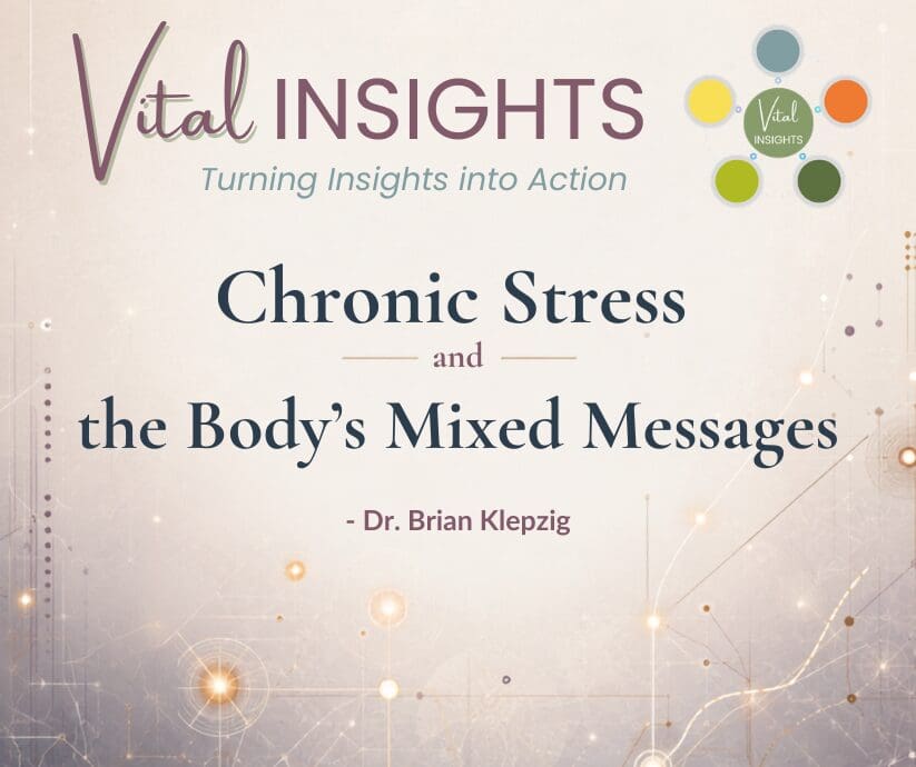 Vital Insights featured graphic for “Chronic Stress and the Body’s Mixed Messages,” with abstract neural pathways in deep slate, muted plum, soft gold, and warm cream.