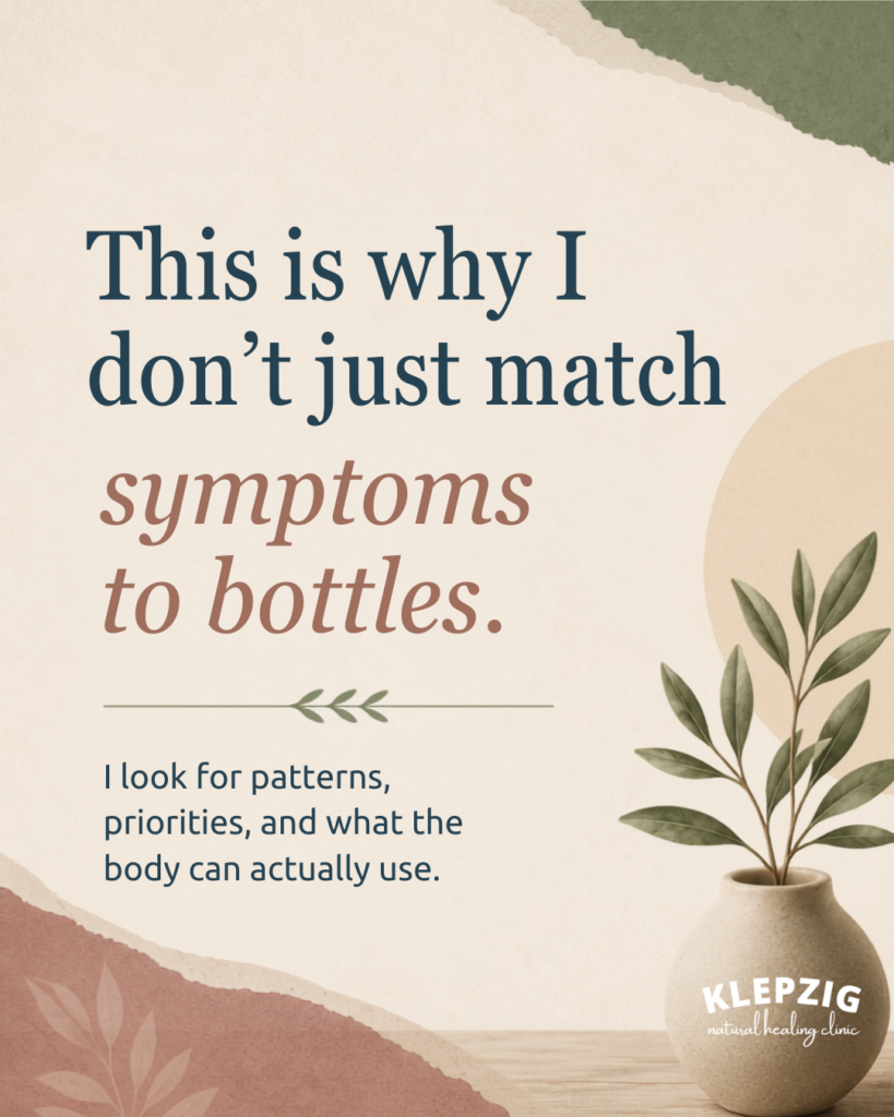 Educational graphic explaining why Dr. Klepzig does not simply match symptoms to supplement bottles.
